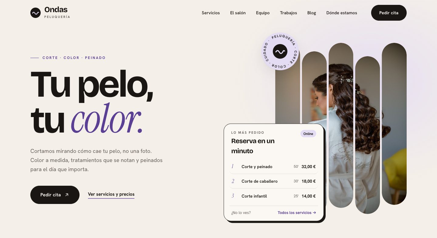 Portada de la web de una peluquería con el botón de pedir cita y una tarjeta de reserva con servicios, duración y precio